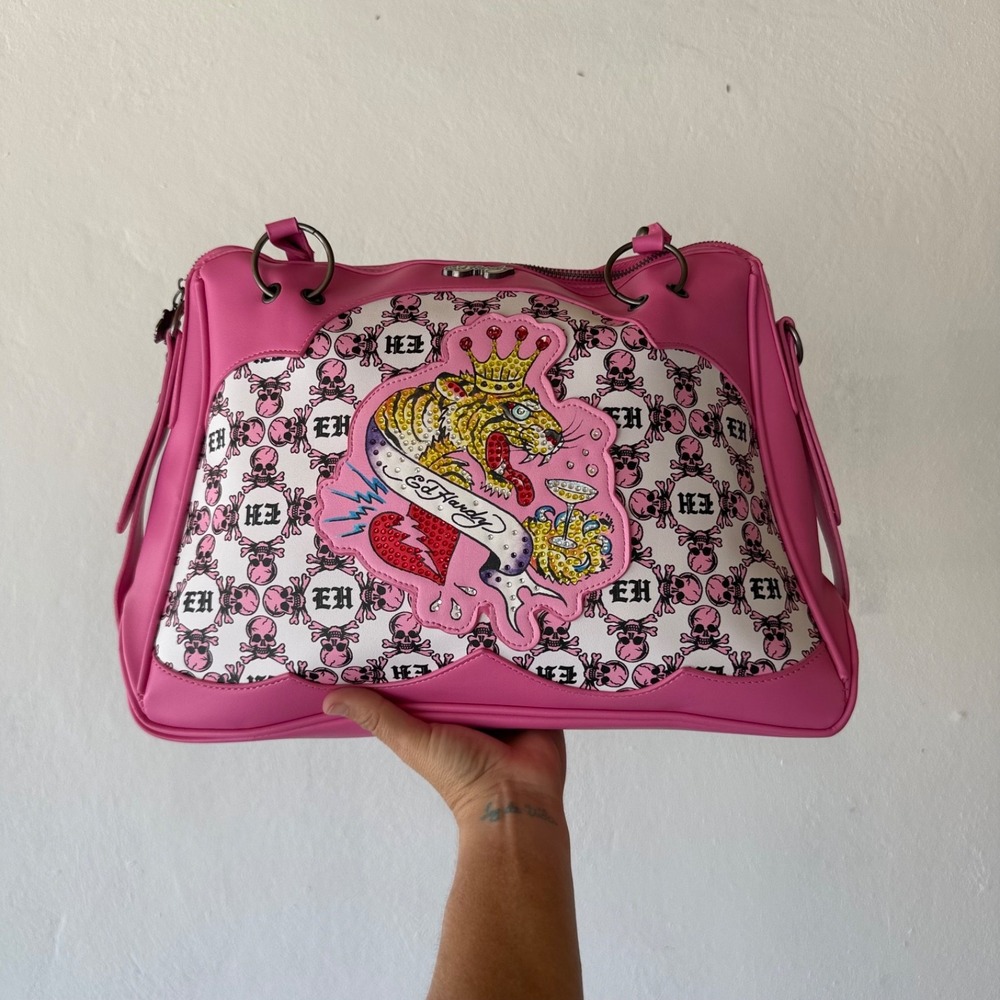 Large Ed Hardy Bag Pink Tiger Rhinestone Satchel Purse Y2K Skull Handbag NWT
